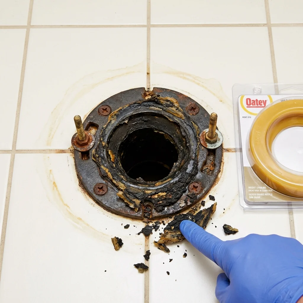 Failed wax ring showing water seepage at the base of a toilet in a Portage, IN home