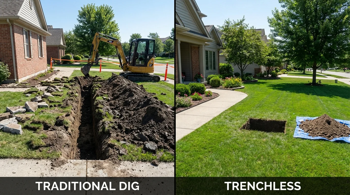 Trenchless sewer repair with minimal yard damage versus traditional excavation in Portage, IN